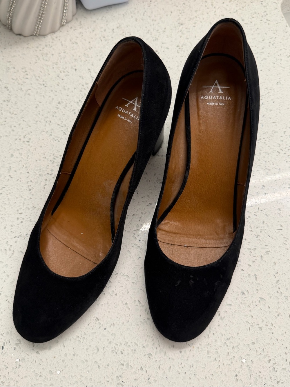 Aquatalia Black Suede Classic Round-Toe Pumps